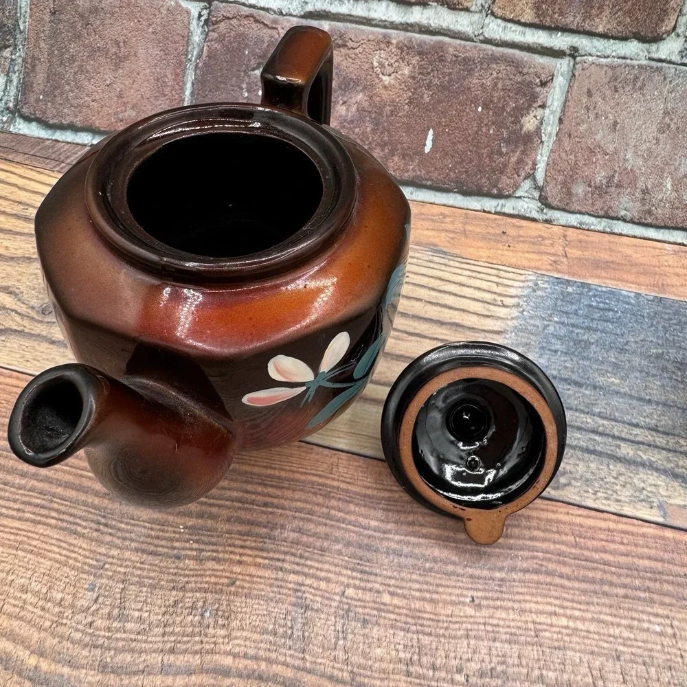 Vintage Japanese Moriage Redware Tea Set Floral‎ 1940s Pottery Pot Creamer Sugar